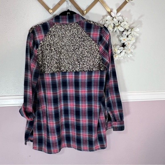 Free Peopke Plaid Flannel Red/Blue & Gold Sequined Button Down Shirt - Picture 5 of 7